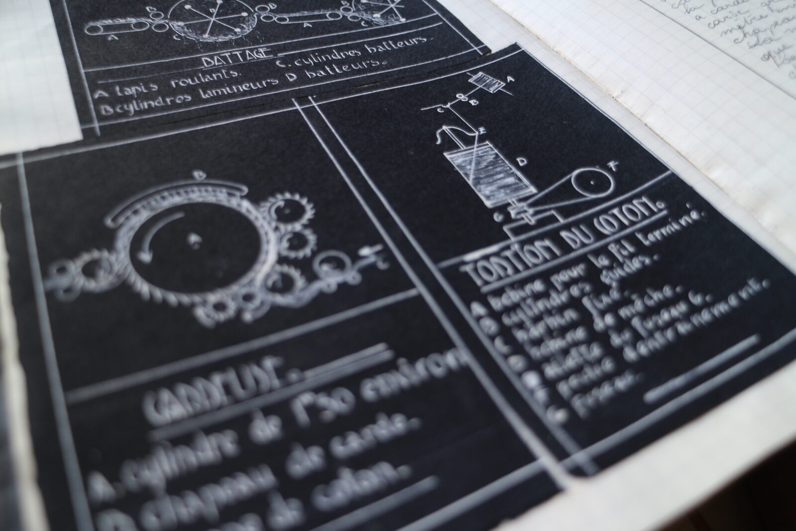 Planches techniques à la craie blanche sur papier noir — battage, tondison du coton