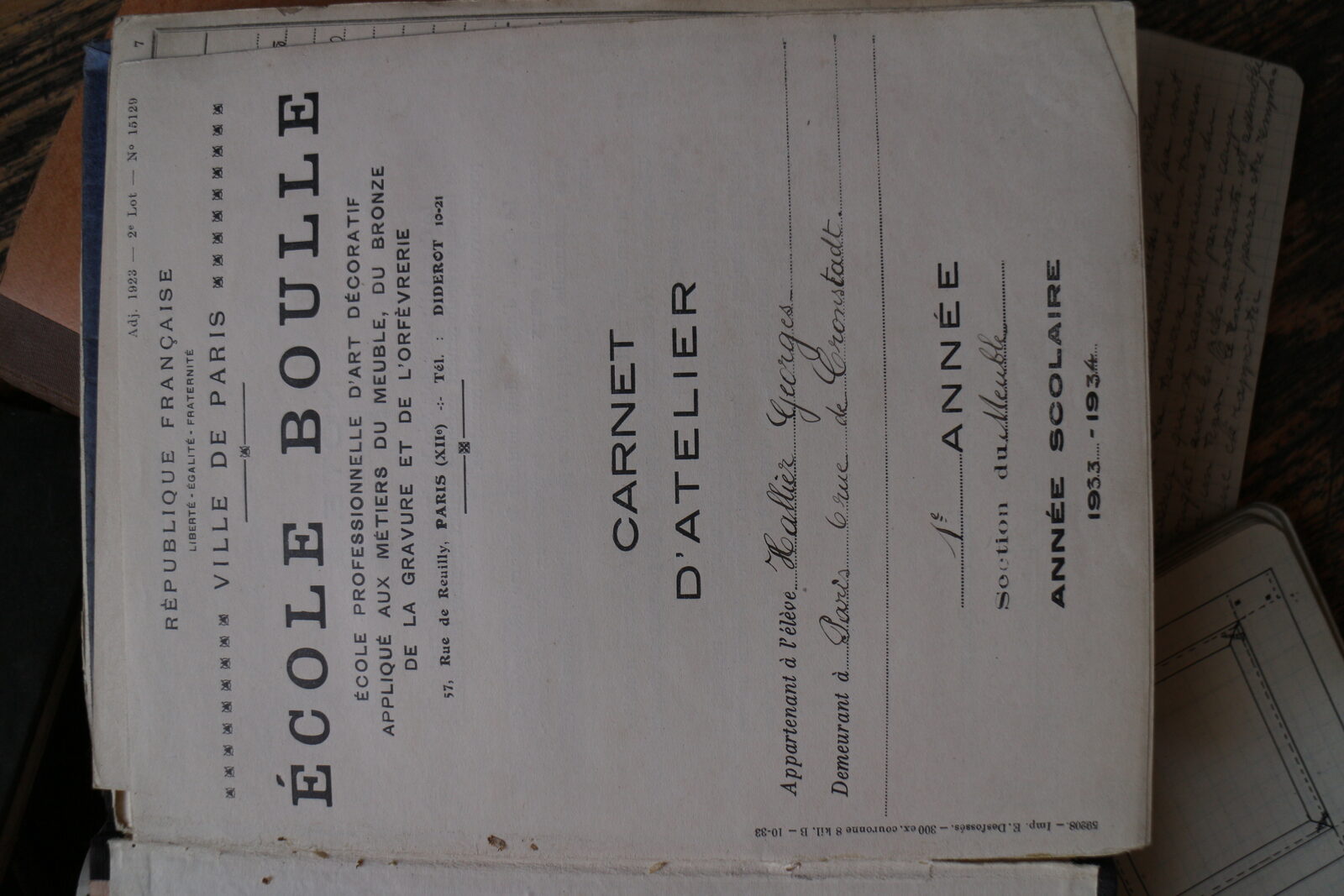 Carnet d'atelier de Georges Hallier, 1ère année, 1933-1934